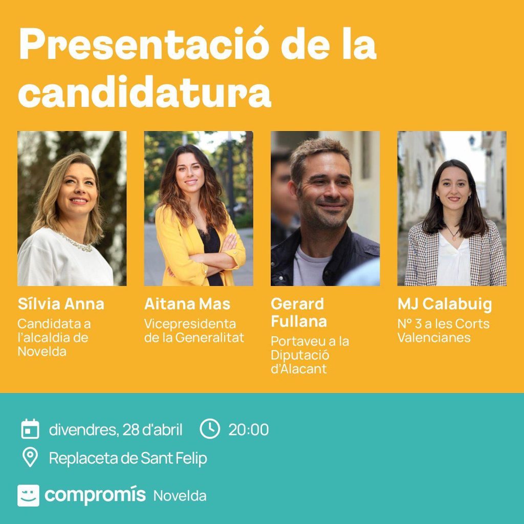 Presentación de candidatura Compromís Novelda, viernes 28/04/2023, 20:00 h.